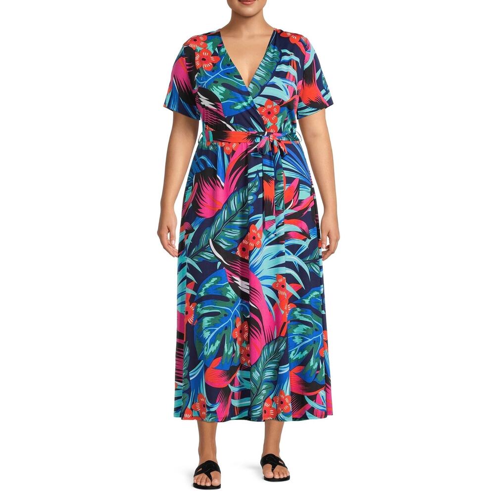 By Design Tropical Fountain Blue Surplice Knit Maxi Dress 22 NWT